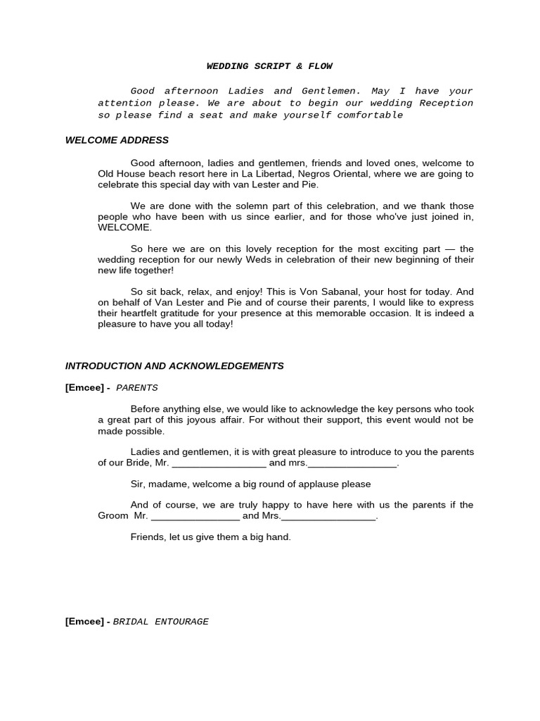 Wedding Reception Script for Van Lester & Pie | PDF | Wedding | Marriage