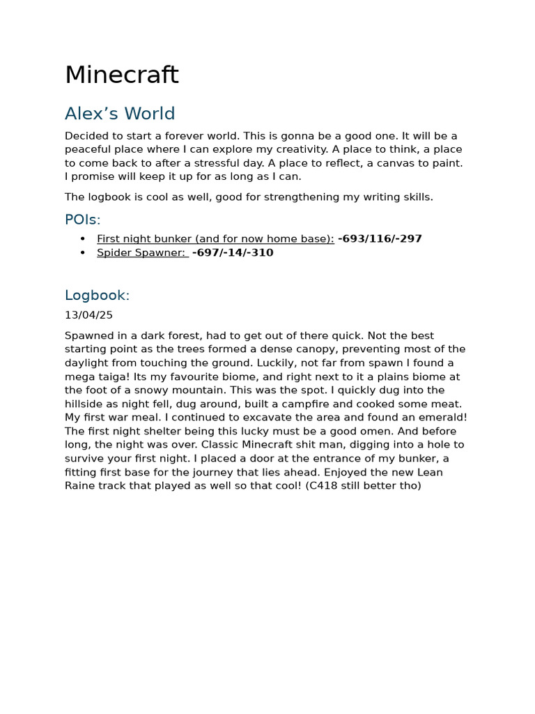 Alex's Forever Minecraft World Journal | PDF