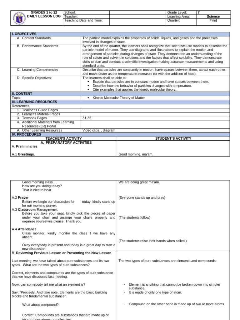 Kinetic Molecular Theory Lesson Plan | PDF | Gases | Matter