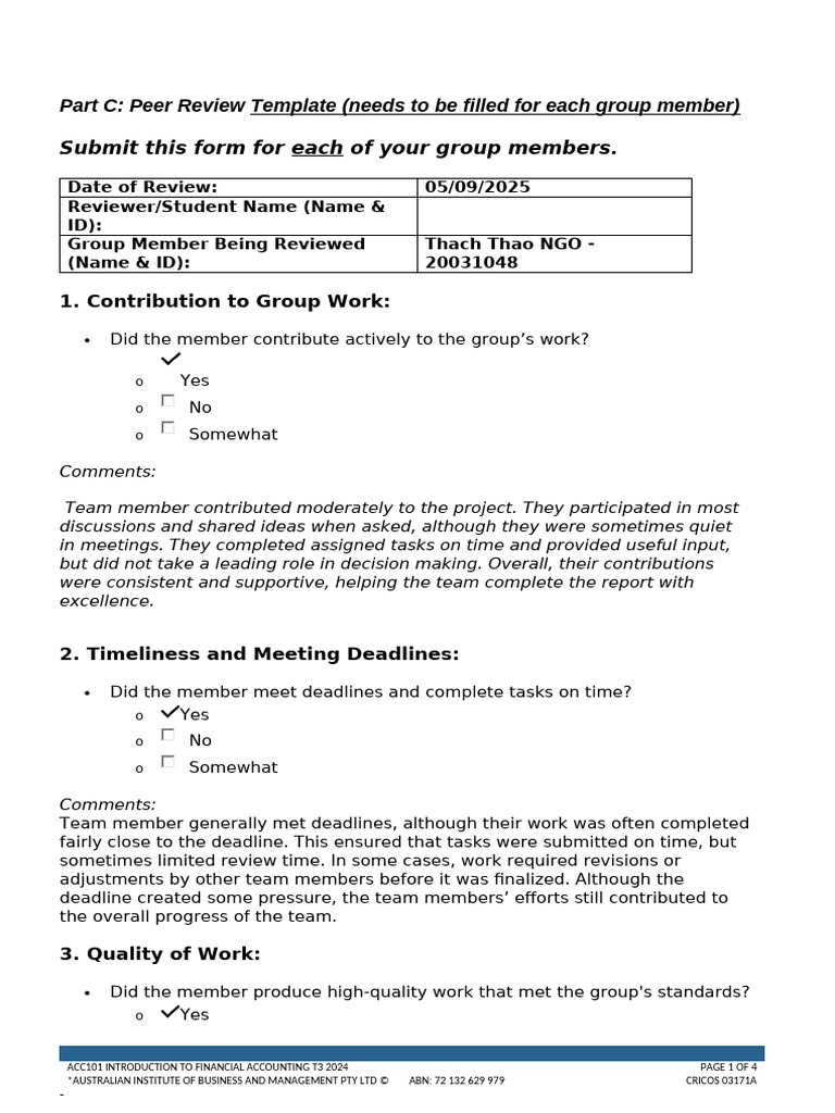 Peer Review Template for Group Projects | PDF | Leadership | Learning