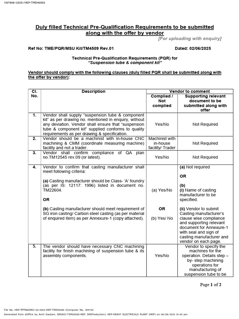Technical Pre-Qualification for Suspension Kit | PDF | Foundry ...