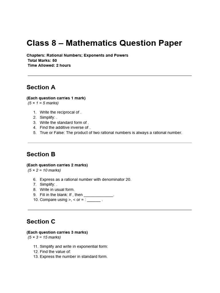 Class 8 Math Question Paper: Rational Numbers | PDF