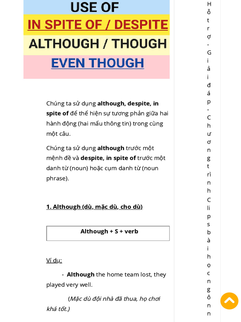 Phân biệt Although và Though, despite in spite of | PDF