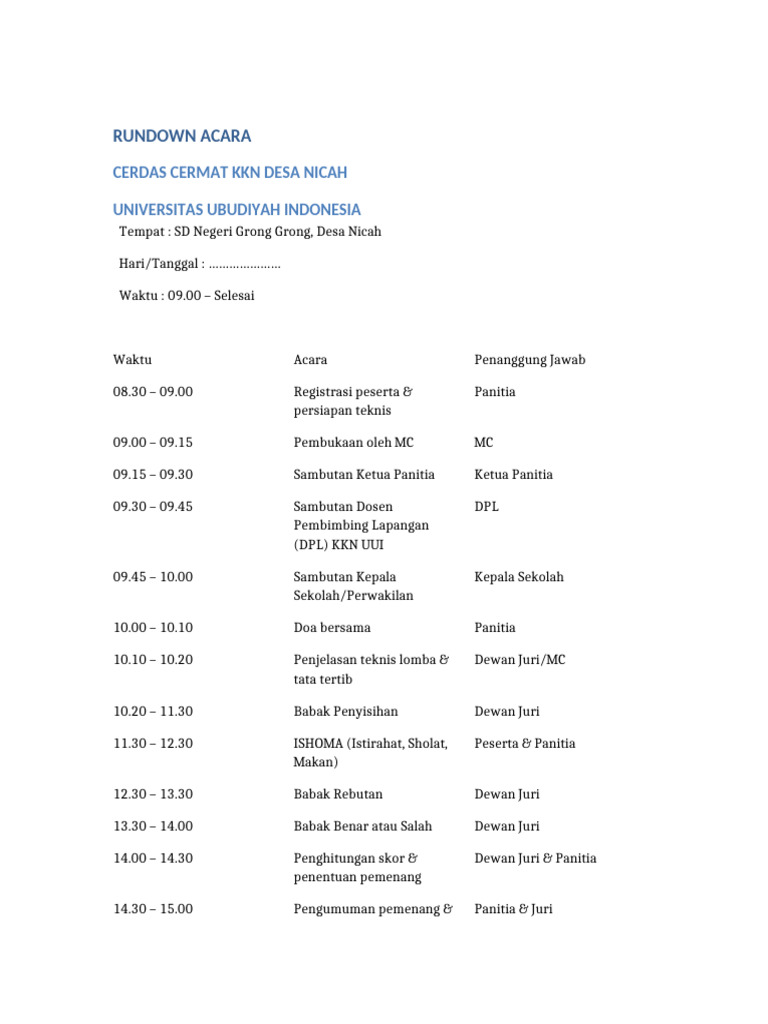 Rundown Cerdas Cermat KKN UUI | PDF