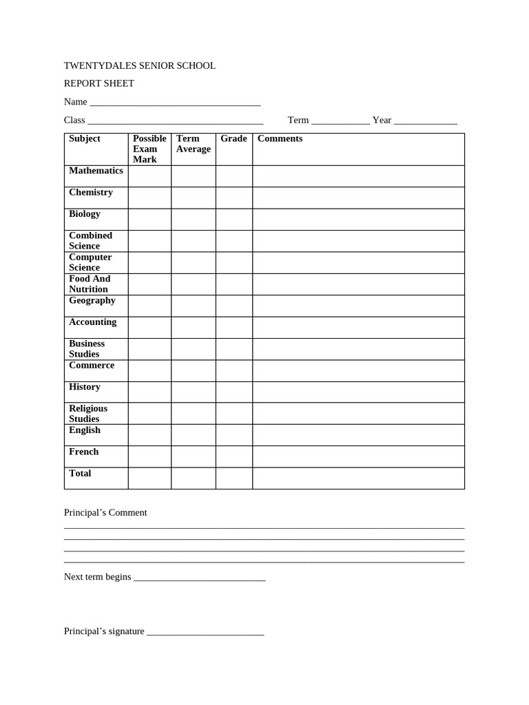 Senior School Report Sheet Template | PDF