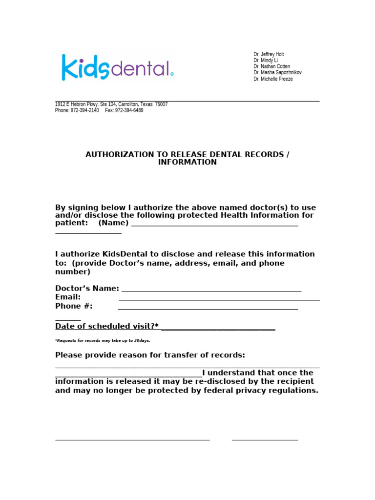 Dental Records Release Authorization Form | PDF