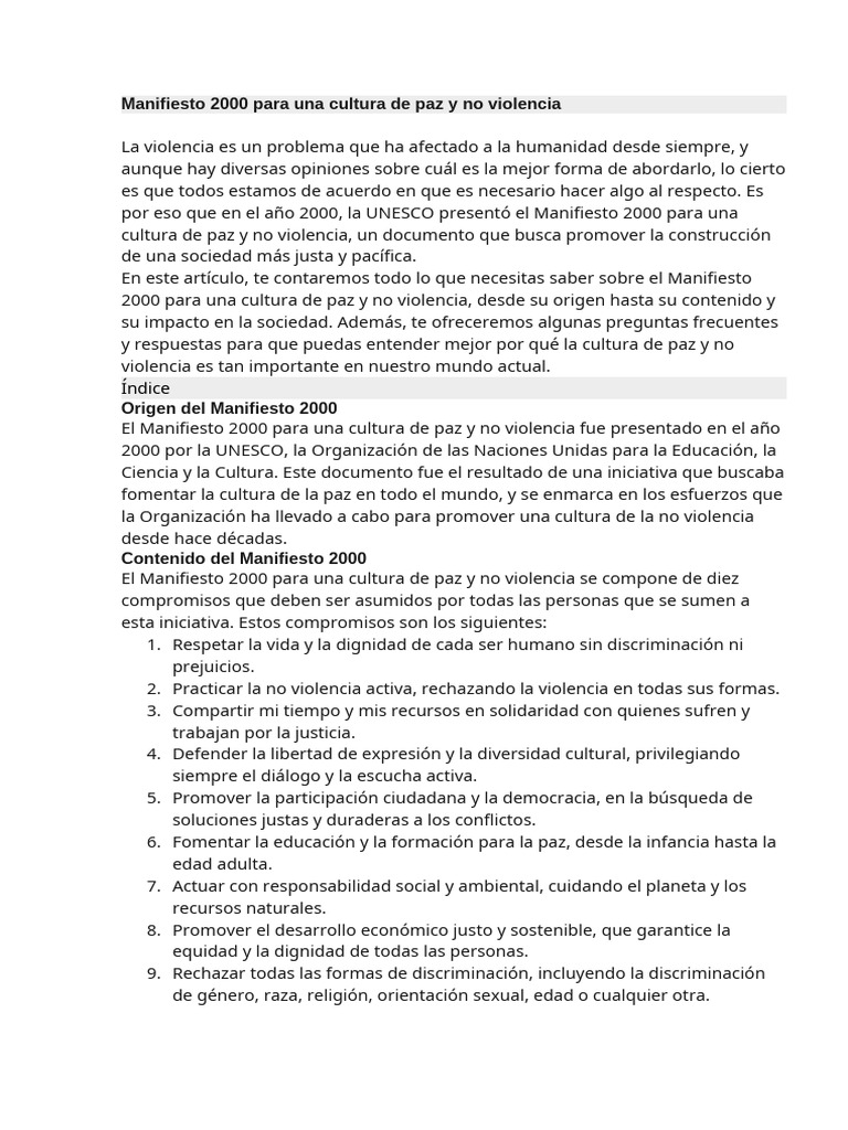 Manifiesto 2000: Cultura de Paz y No Violencia | PDF | Violencia | Paz