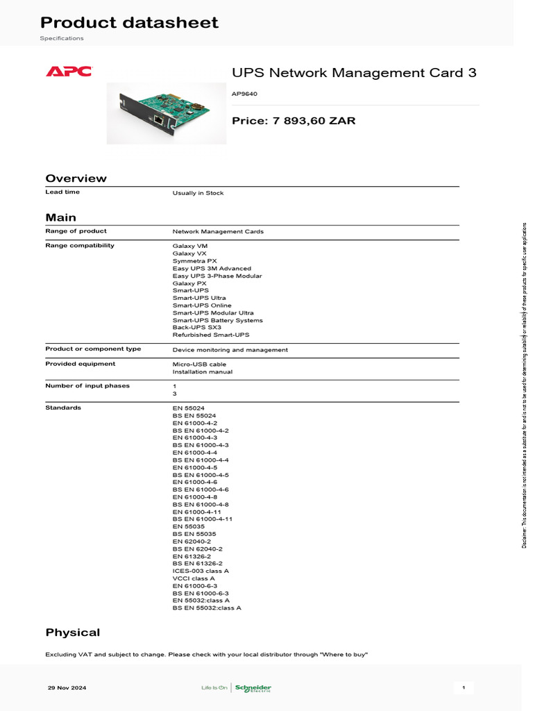 Schneider Electric UPS Network Management Cards AP9640 | PDF