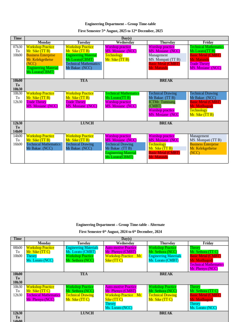 Engineering Department First Semester Timetable | PDF