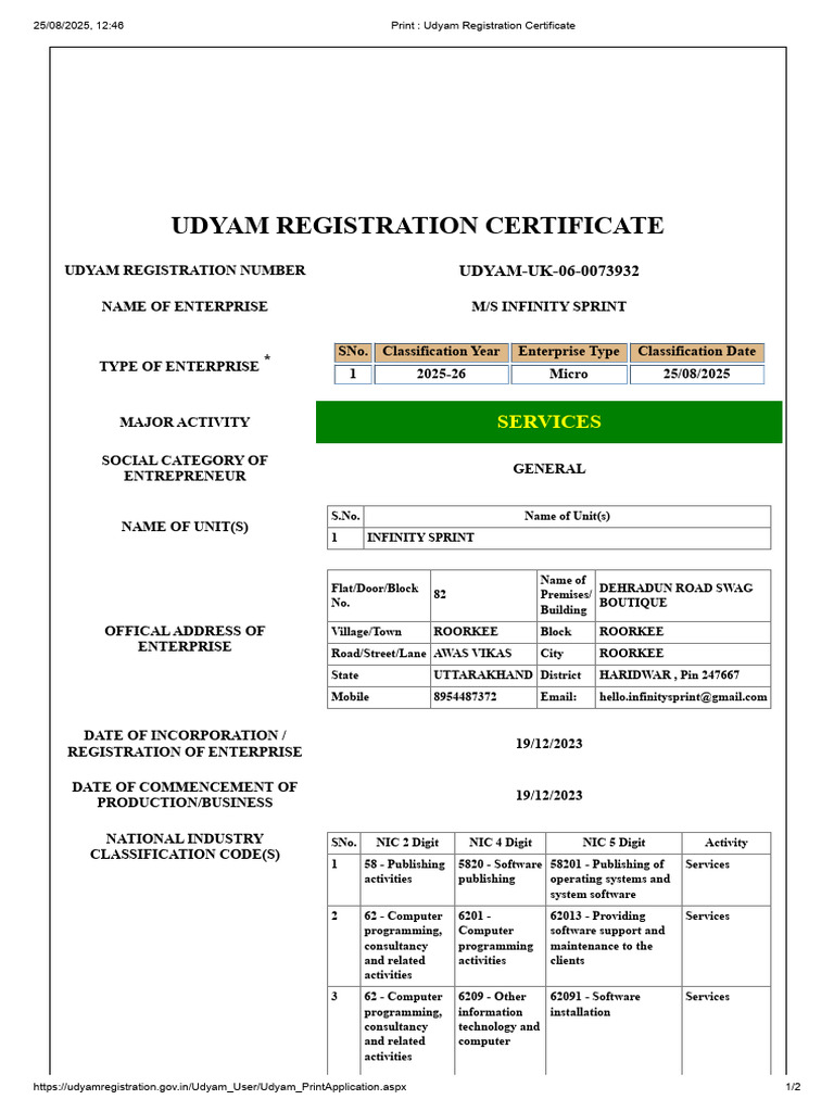 Udyam Registration for Infinity Sprint | PDF | Computing | Electronics