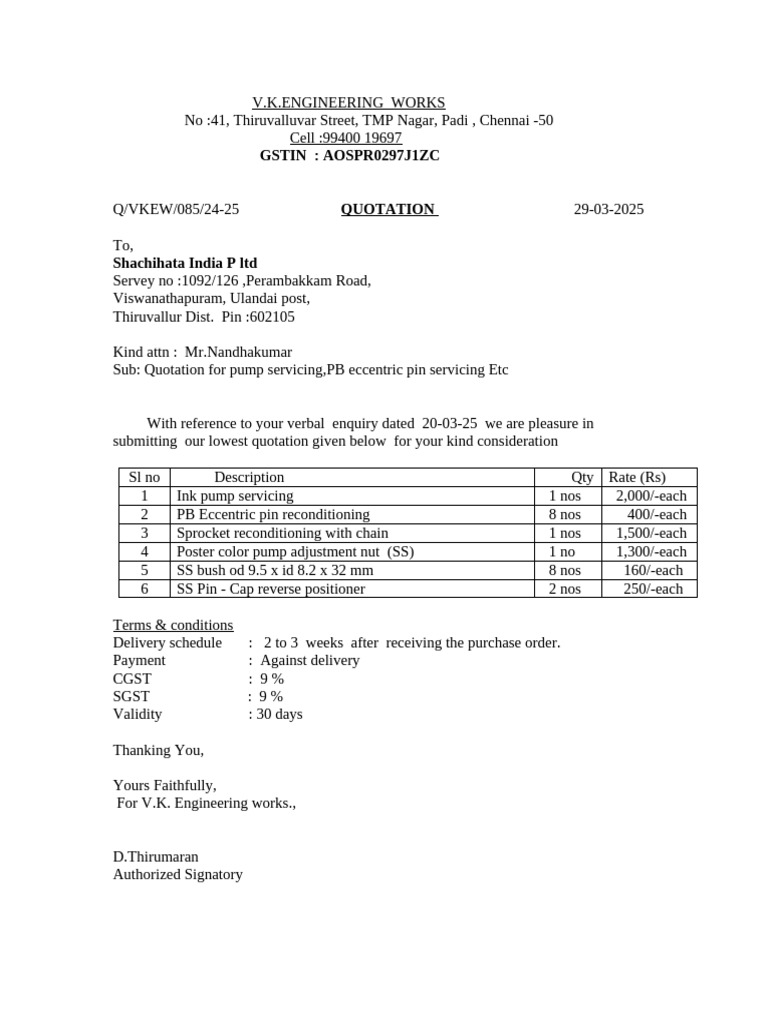 Quotation for Pump Servicing and Parts | PDF