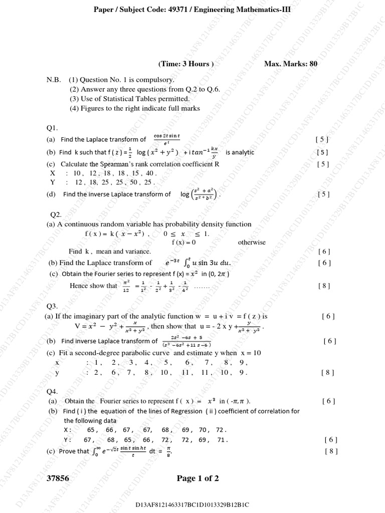 Engineering Mathematics-III Exam Paper | PDF | Statistical Hypothesis ...