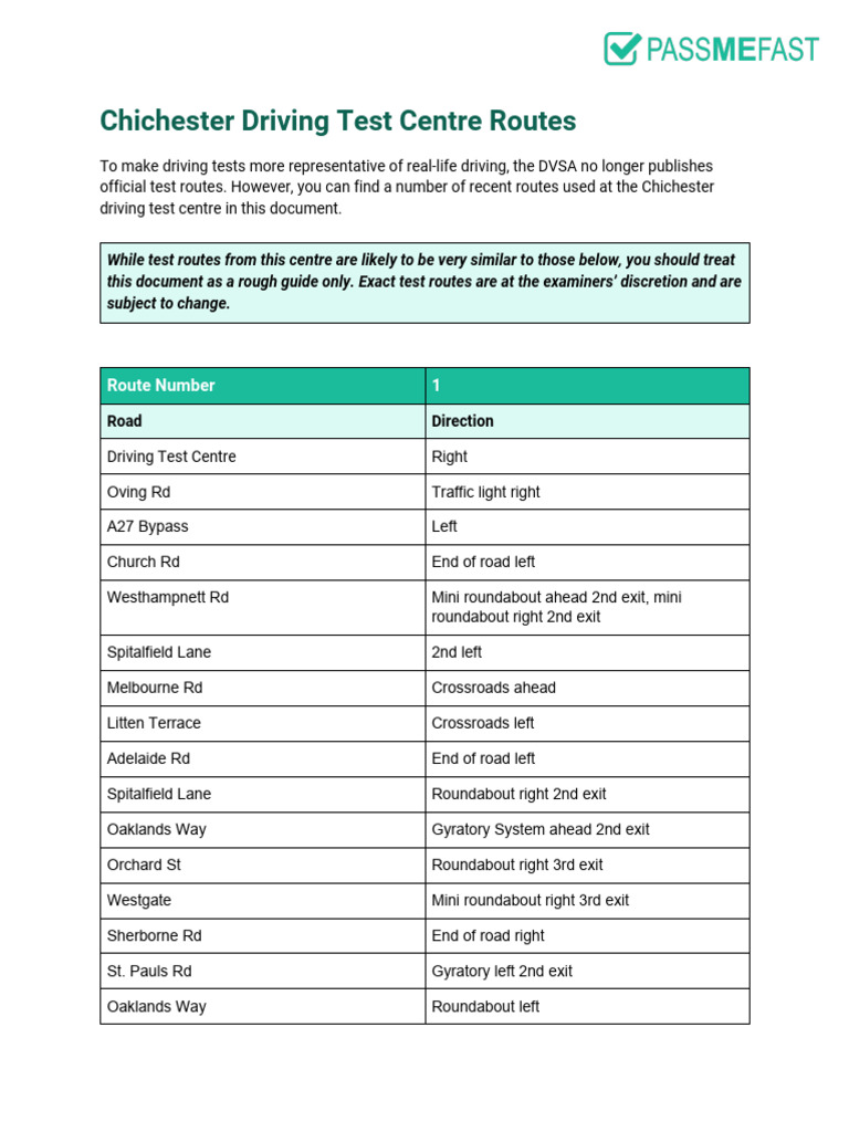 Chichester Driving Test Routes Guide | PDF | Transport | Infrastructure