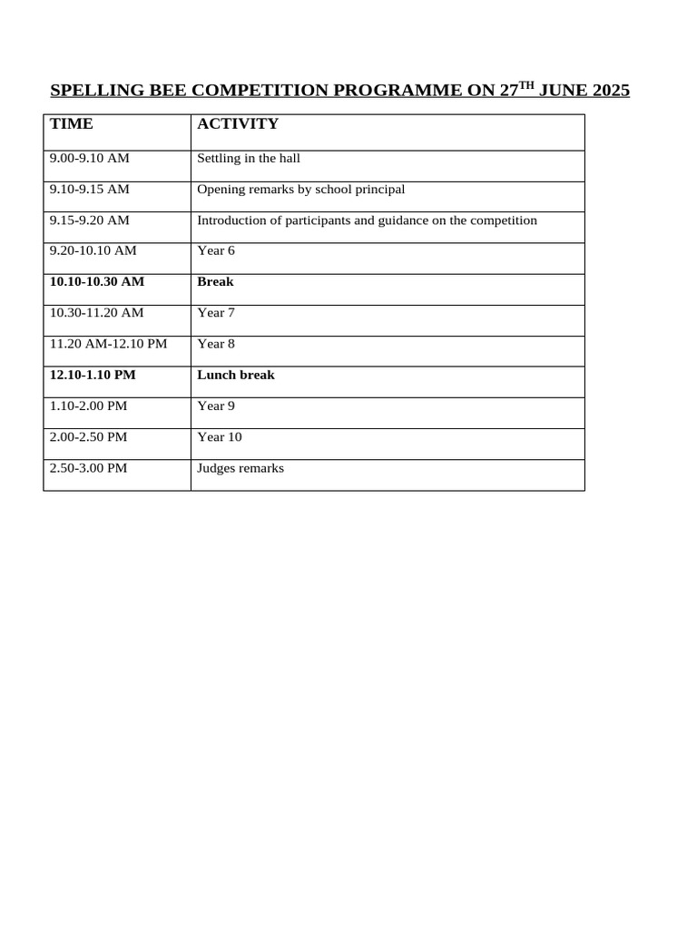 Spelling Bee Competition Programme On 27th June 2025 | PDF