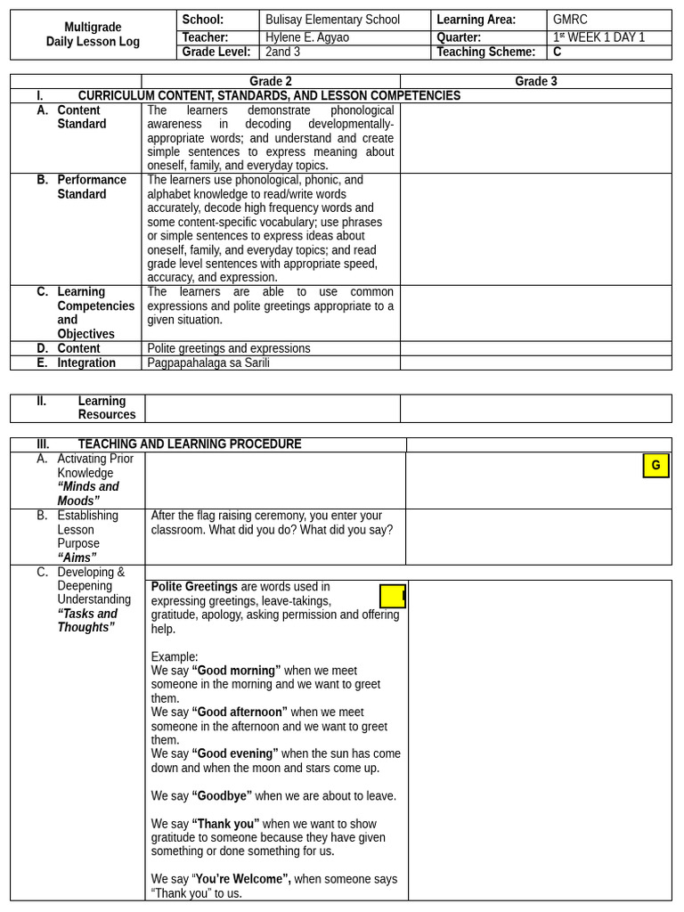 GMRC Lesson Plan for Grades 2-3 | PDF | Learning | Curriculum