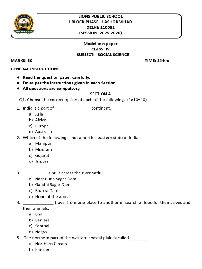 Class 4 Model Test Paper SST 2025-26 | PDF