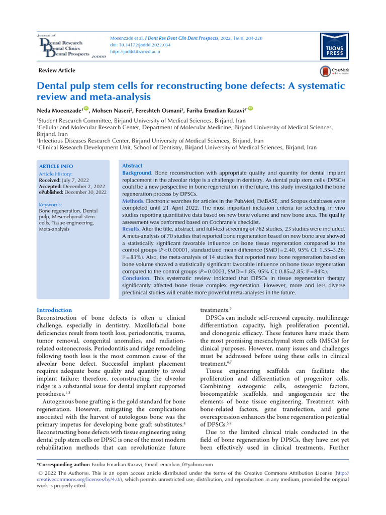 Dental Pulp Stem Cells in Bone Regeneration | PDF