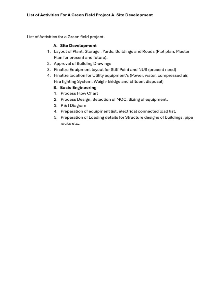 Green Field Project Activity Checklist | PDF