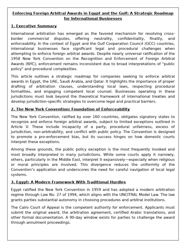 Enforcing Arbitral Awards in Egypt & Gulf | PDF | Arbitration | United ...