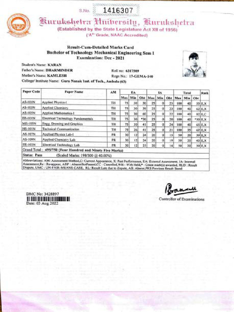 B.Tech Mechanical Engineering Marks Card | PDF | Physics | Engineering