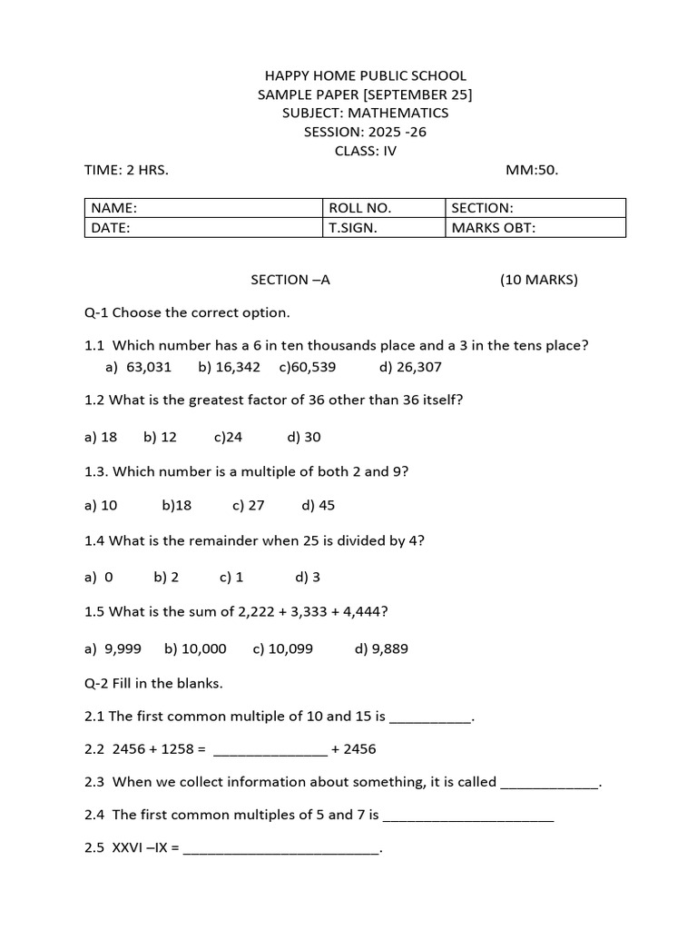 Class IV Mathematics Sample Paper | PDF