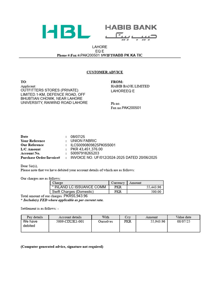 Customer Advice for LC Charges - Lahore | PDF