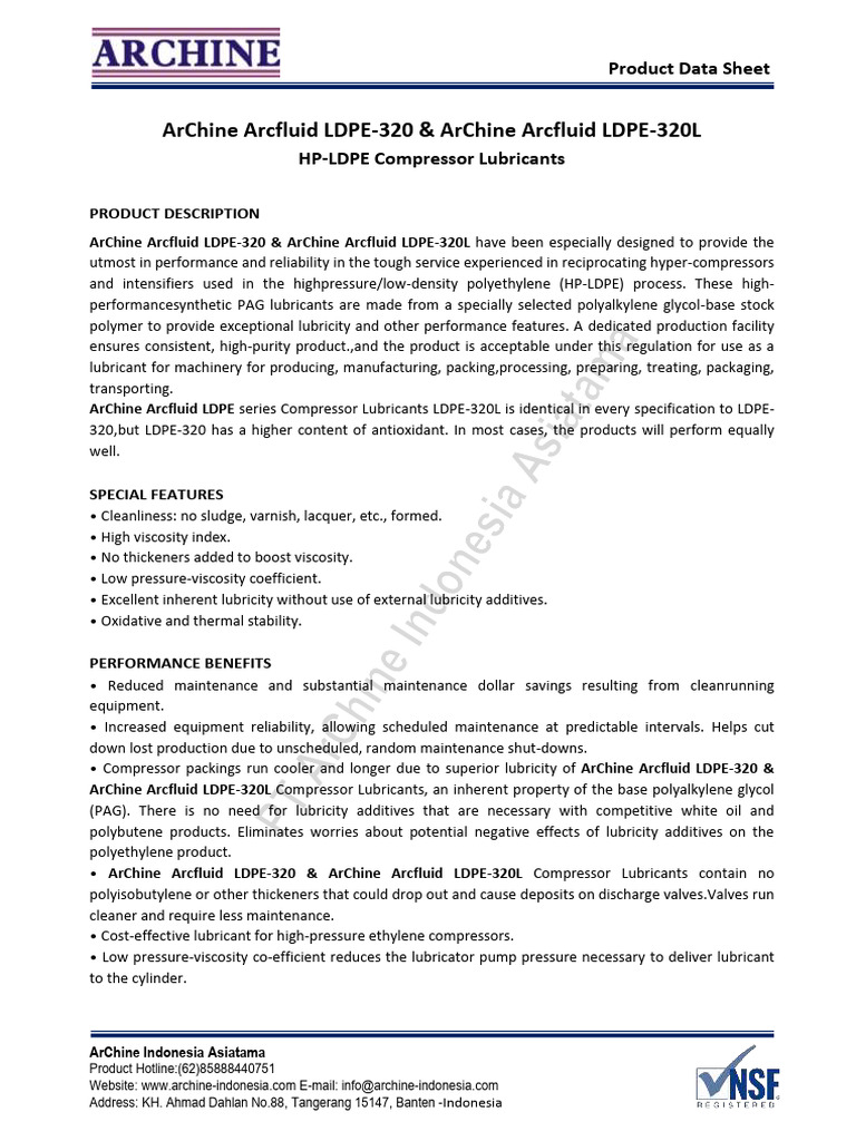 ArChine LDPE-320 Compressor Lubricants | PDF | Lubricant | Mechanical ...