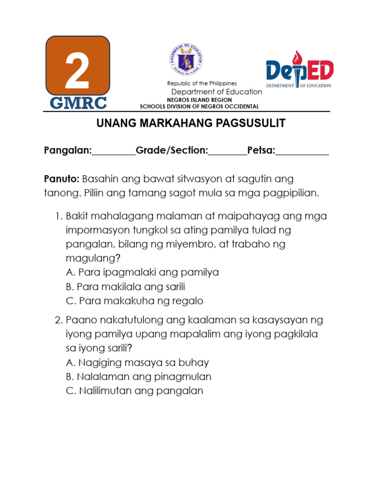 1st Quarter Exam - Grade 2 - GMRC Final | PDF