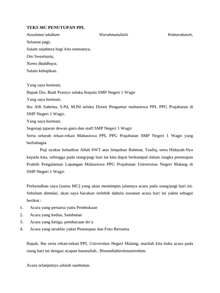 Teks MC Penutupan PPL Universitas Malang | PDF