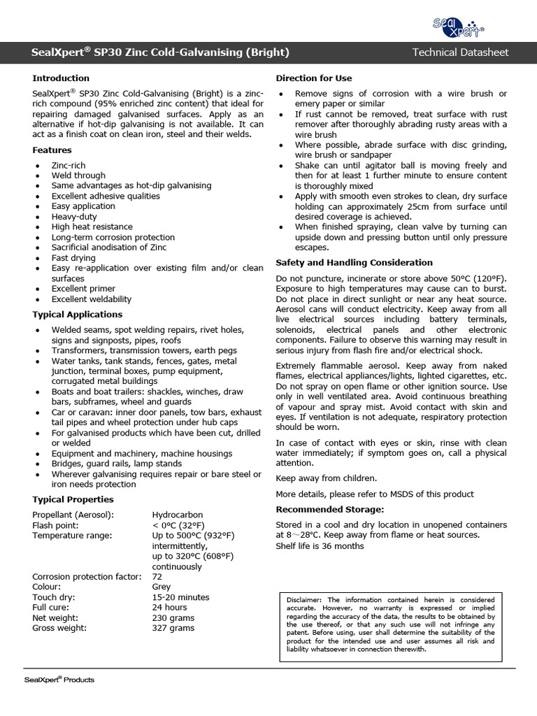 Zinc Cold-Galvanising SP30 Datasheet | PDF | Rust | Welding