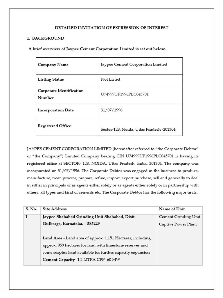 Jaypee Cement EoI Submission Guidelines | PDF | Reserve Bank Of India ...