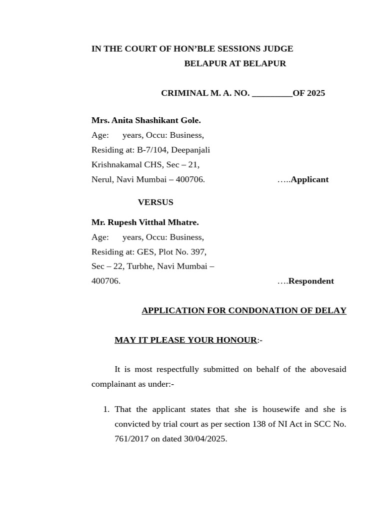 Delay Condonation Application - NI Act | PDF | Appeal | Public Sphere