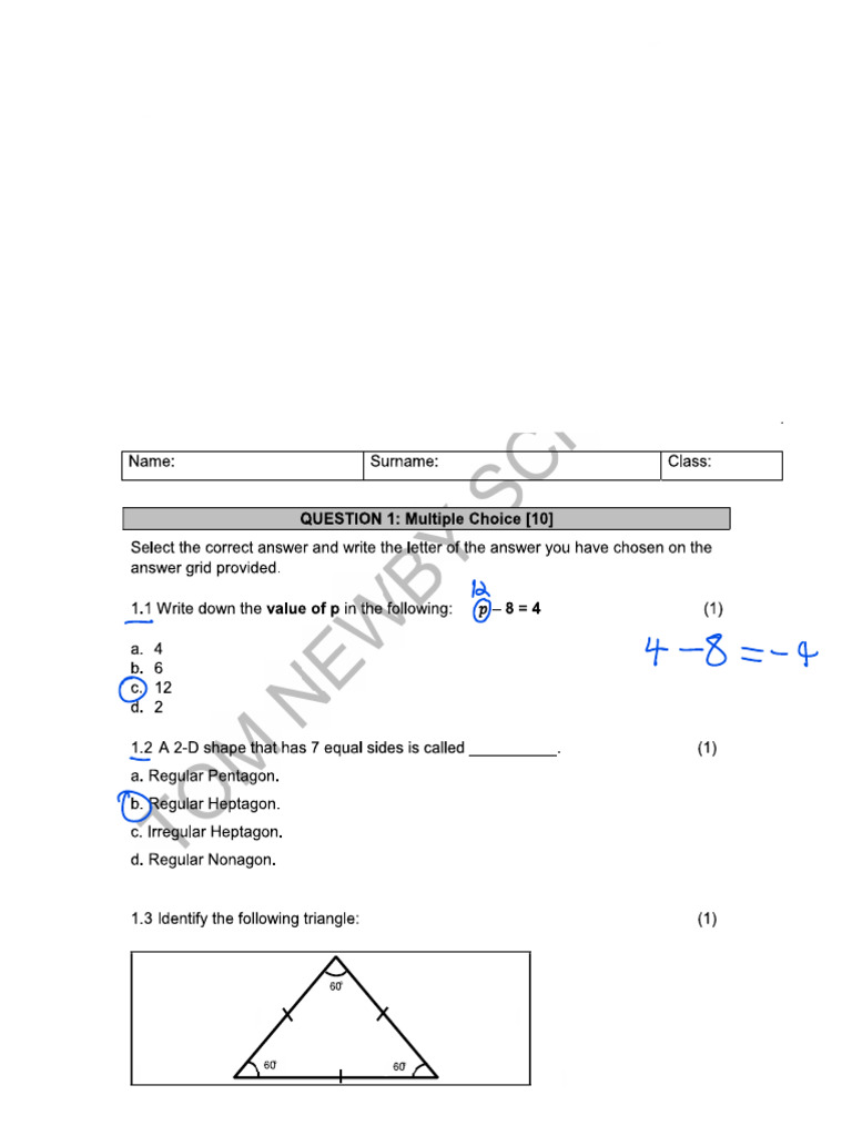 Maths Test Grade 7 | PDF