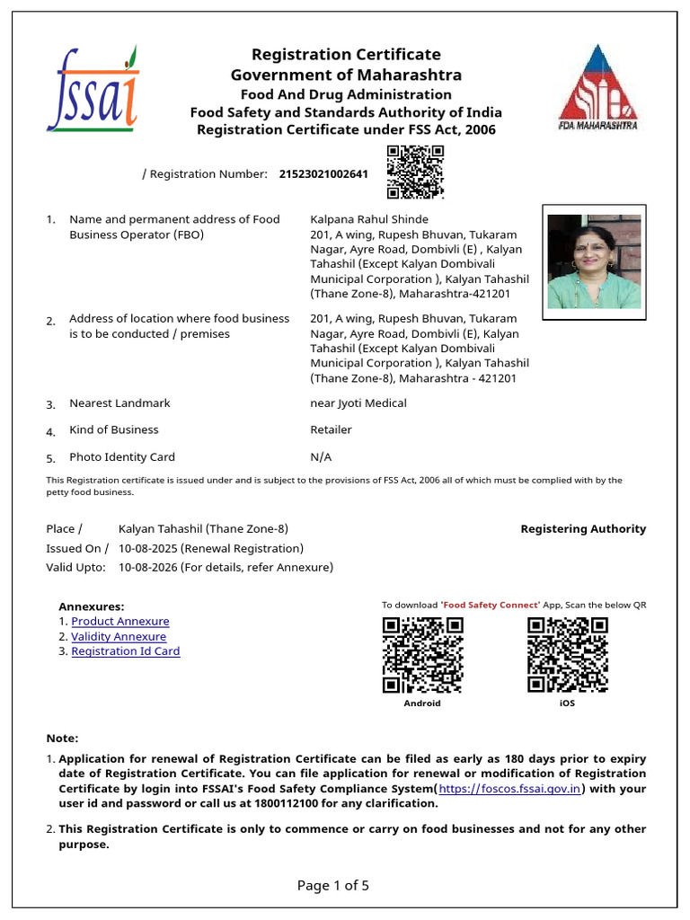 Kalpana SHinde Food Licene 2025 | PDF