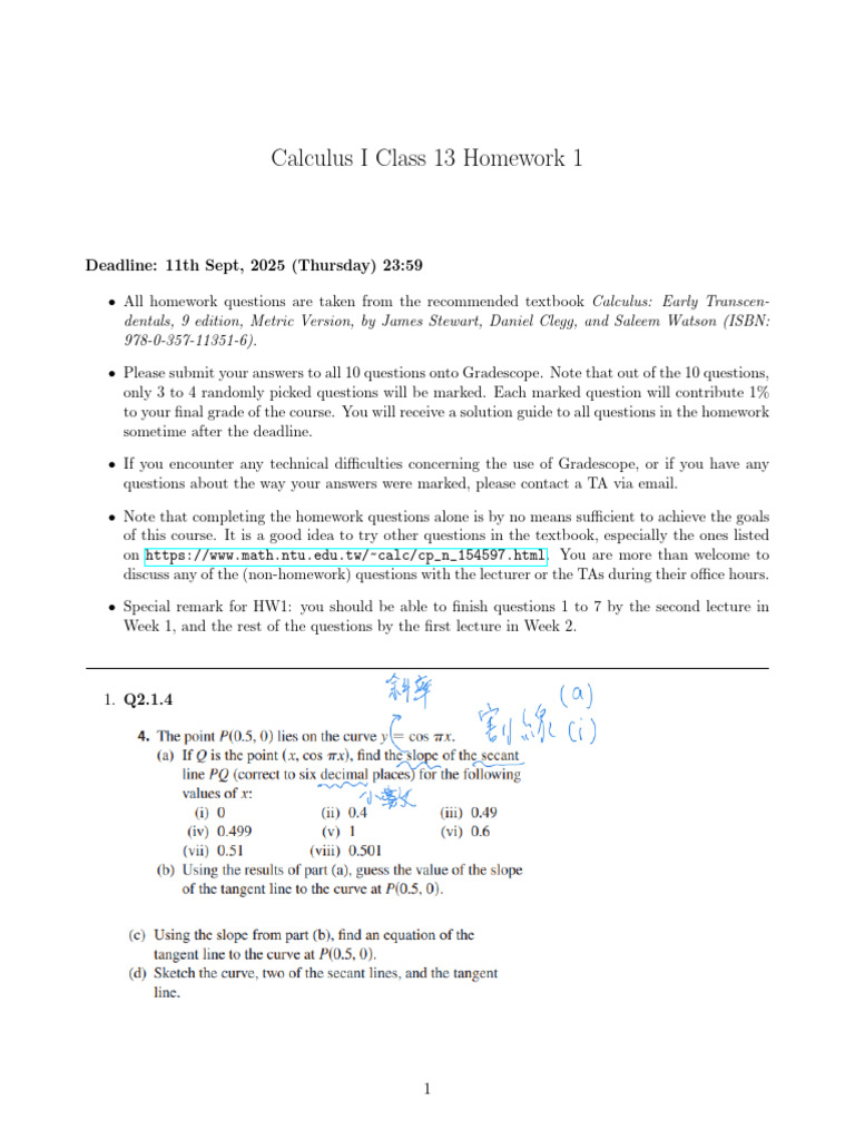 Calculus I Class 13 Homework 1: Deadline: 11th Sept, 2025 (Thursday) 23 ...
