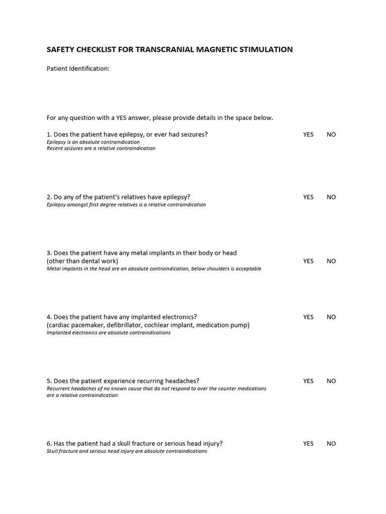 Transcranial Magnetic Stimulation Safety Checklist | PDF