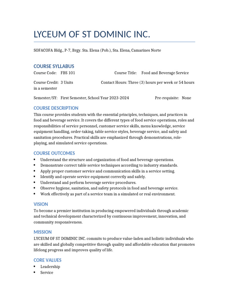 Food and Beverage Service Syllabus | PDF | Leadership | Learning