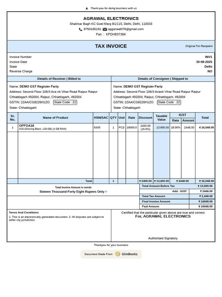 Invoice for OPPO A18 Purchase | PDF | Invoice | Government Finances
