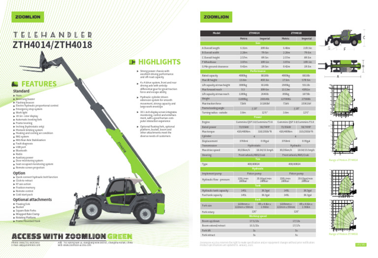 Zoomlion ZTH4018 Specifications Overview | PDF | Steering | Car Body Styles