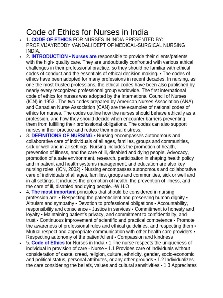 Code of Ethics For Nurses in India | PDF | Nursing | Confidentiality