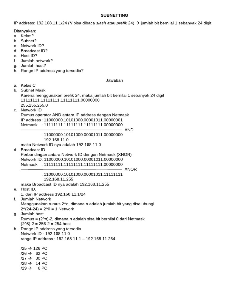 Subnetting IP 192.168.11.1/24 | PDF