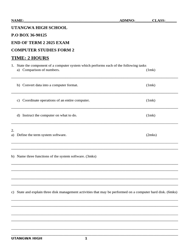 Form 2 Computer Studies Exam 2025 | PDF | Computer Hardware | Word ...