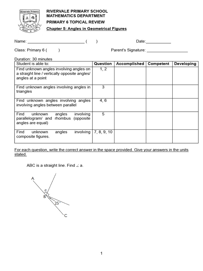 Primary 6 Geometry Angles Review | PDF | Triangle | Euclid