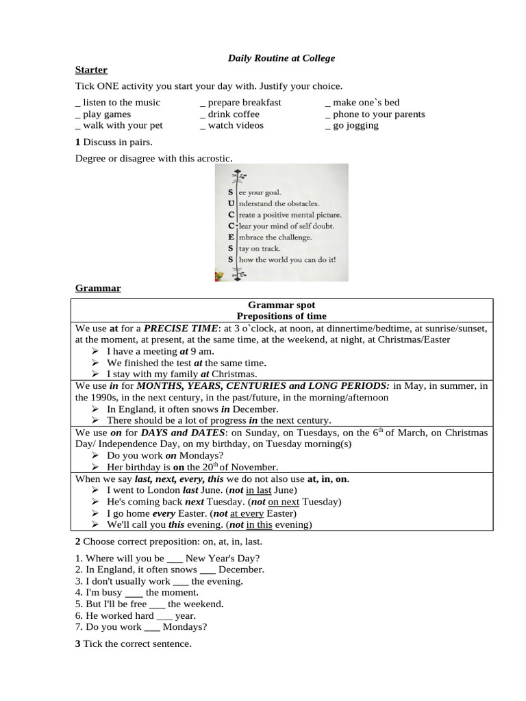 College Daily Routine and Grammar Guide | PDF