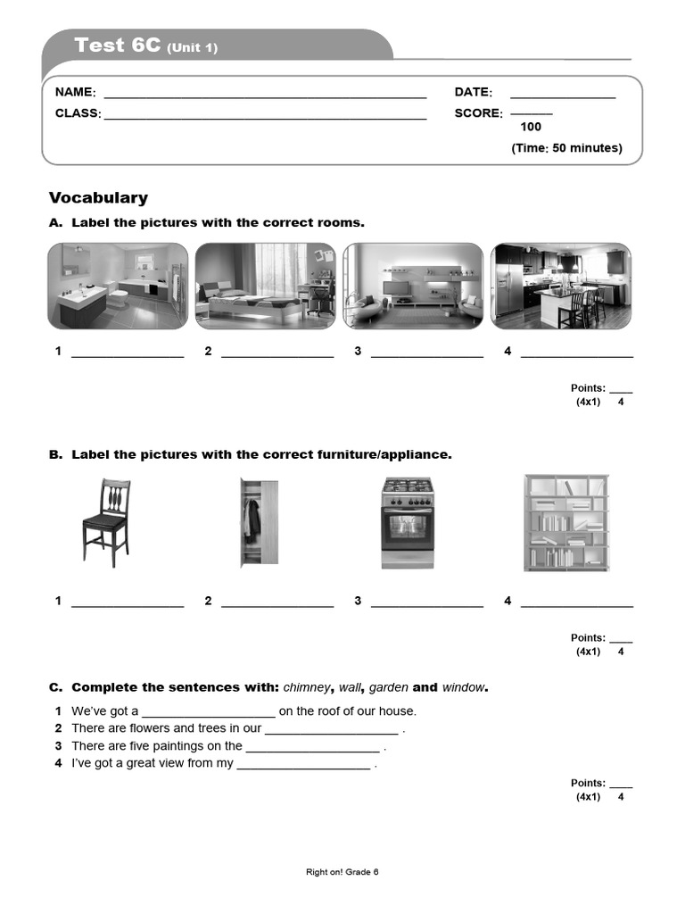 Grade 6 Vocabulary and Grammar Test | PDF | Bedroom | Home