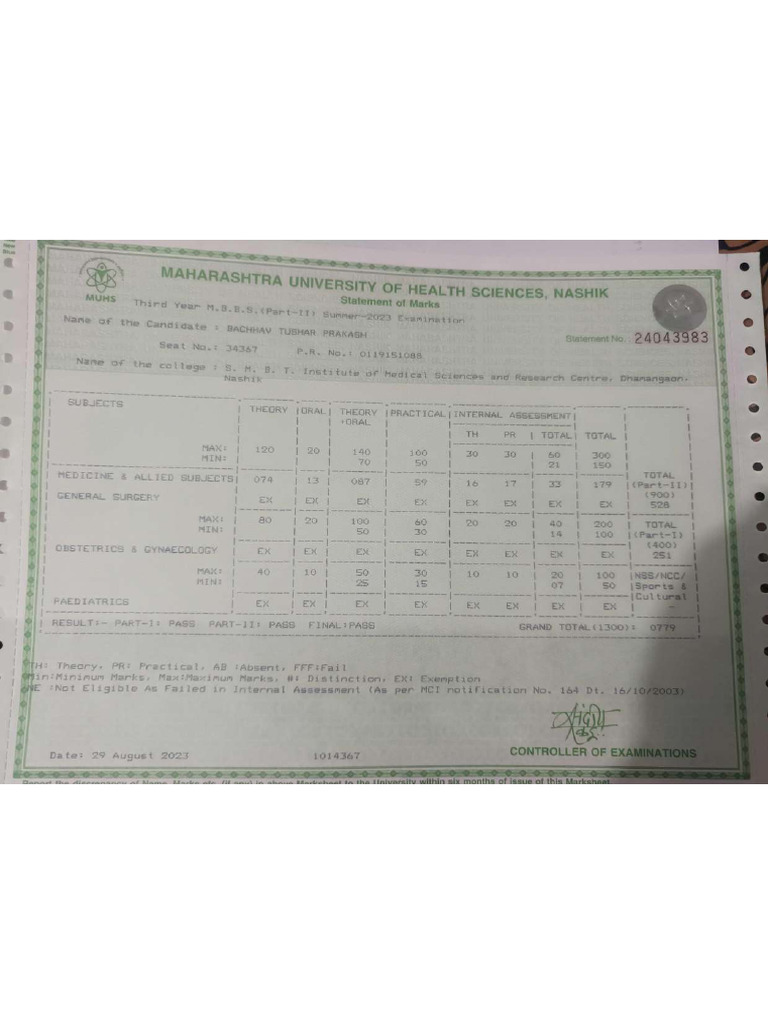 Final Year Marksheet - Compressed | PDF
