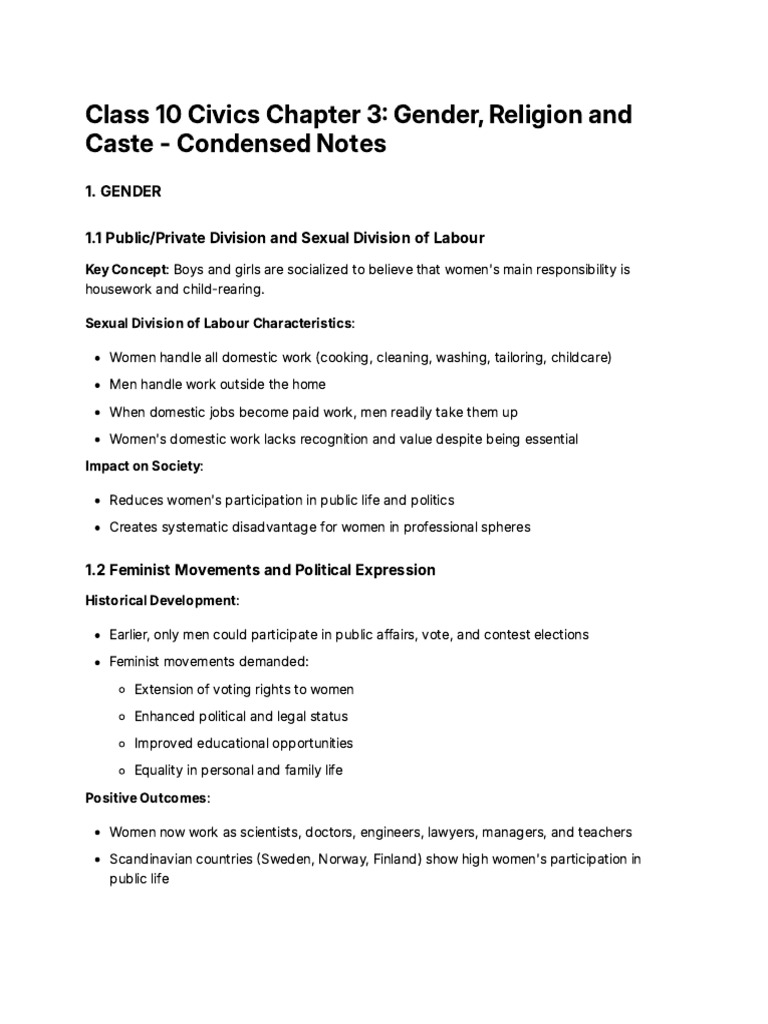 Class10 Civics Ch3 Condensed | PDF | Caste | Woman