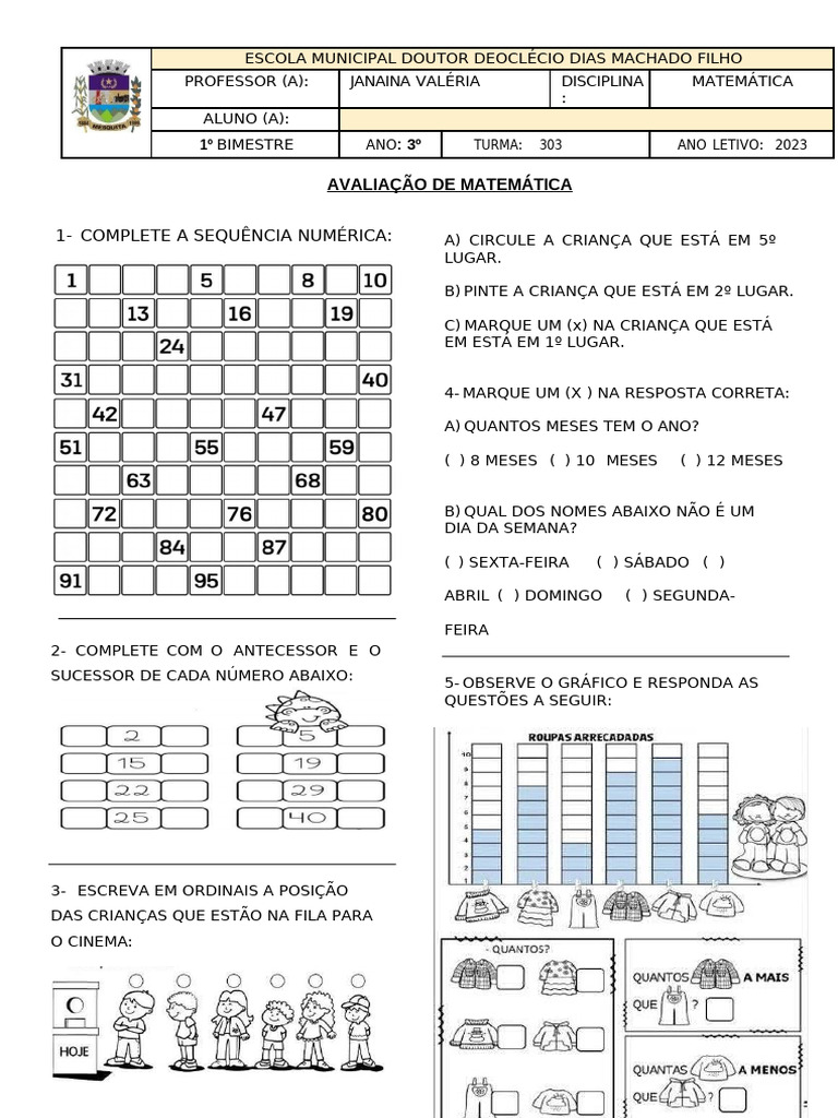 Avaliação de Matemática 3º Ano 2023 | PDF