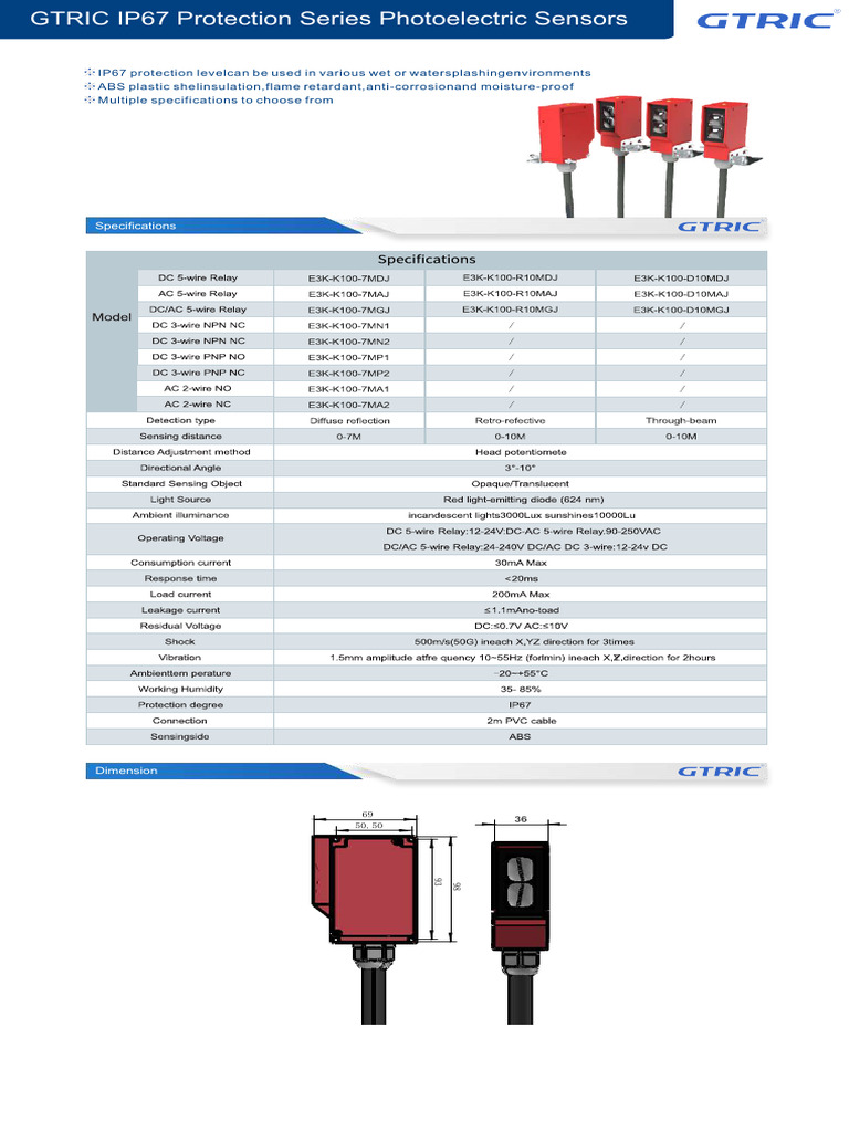GTRIC IP67 Photoelectric Sensors Specs | PDF