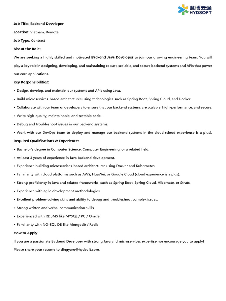 Remote Java Backend Developer Role | PDF